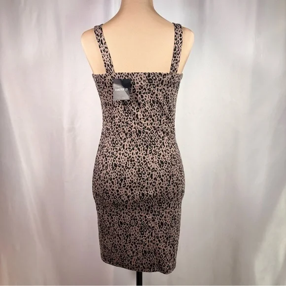 Y2K Leopard Print Bodycon Knit Mini Dress Medium Womens Forever 21 Slit 90s NWT - Picture 3 of 7